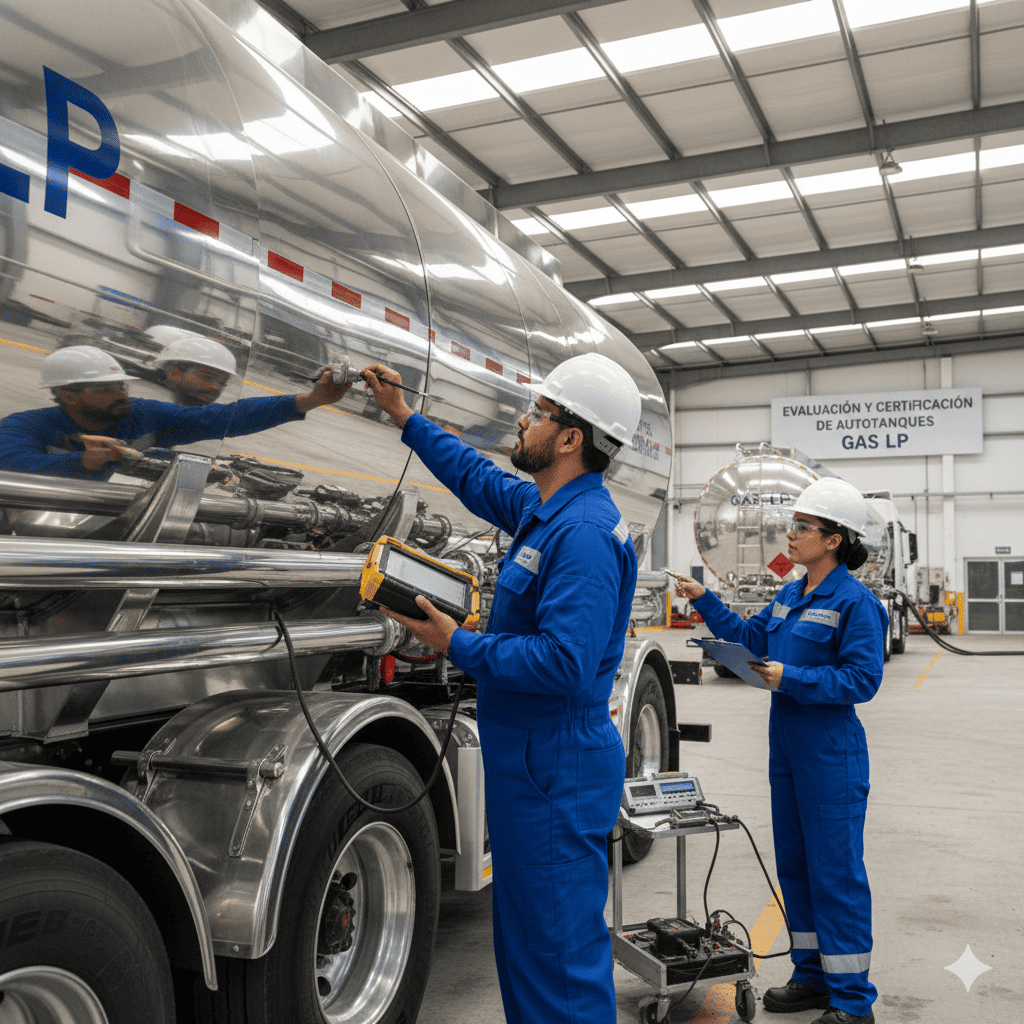 tecnicos inapeccionando autontanque de gas bajo normas